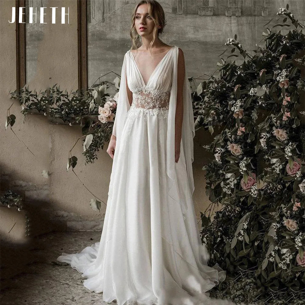 JEHETH Vintage Boho Beach Wedding Dresses Backless Women A-line Bohemian Chiffon Appliques Bridal Gowns Bride Vestidos De Novia