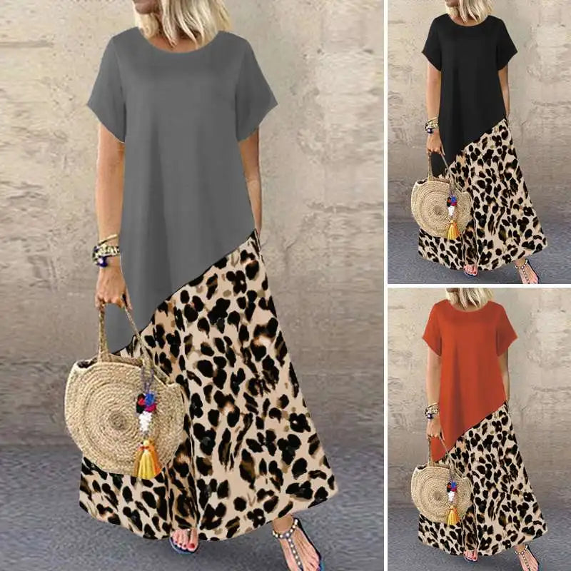 ZANZEA 2023 Summer Leopard Maxi Dress Fashion Women's Printed Sundress Short Sleeve Patchwork Vestidos  Casual Robe