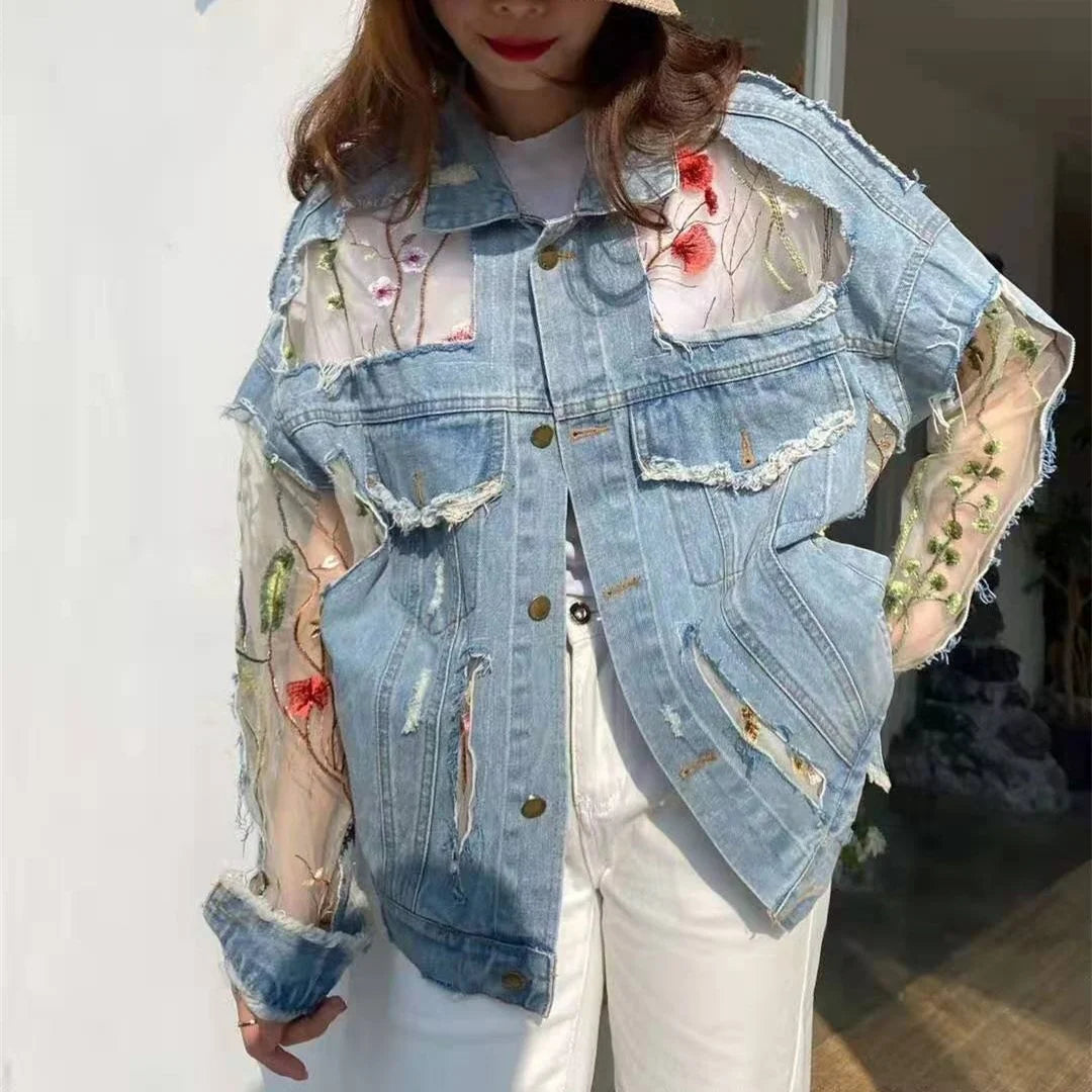 Chaquetas Mujer Summer Spring Streetwear Embroidery Lace Patchwork Sexy Denim Jacket Women Frayed Tassel Loose Jeans Coat