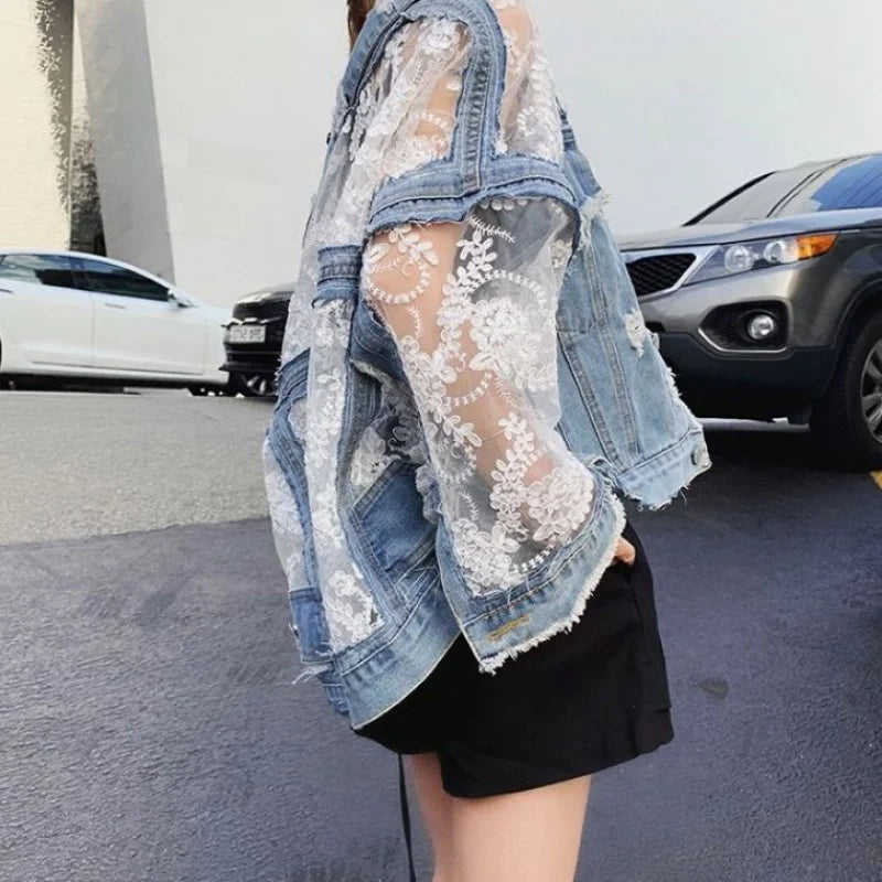 Chaquetas Mujer Summer Spring Streetwear Embroidery Lace Patchwork Sexy Denim Jacket Women Frayed Tassel Loose Jeans Coat