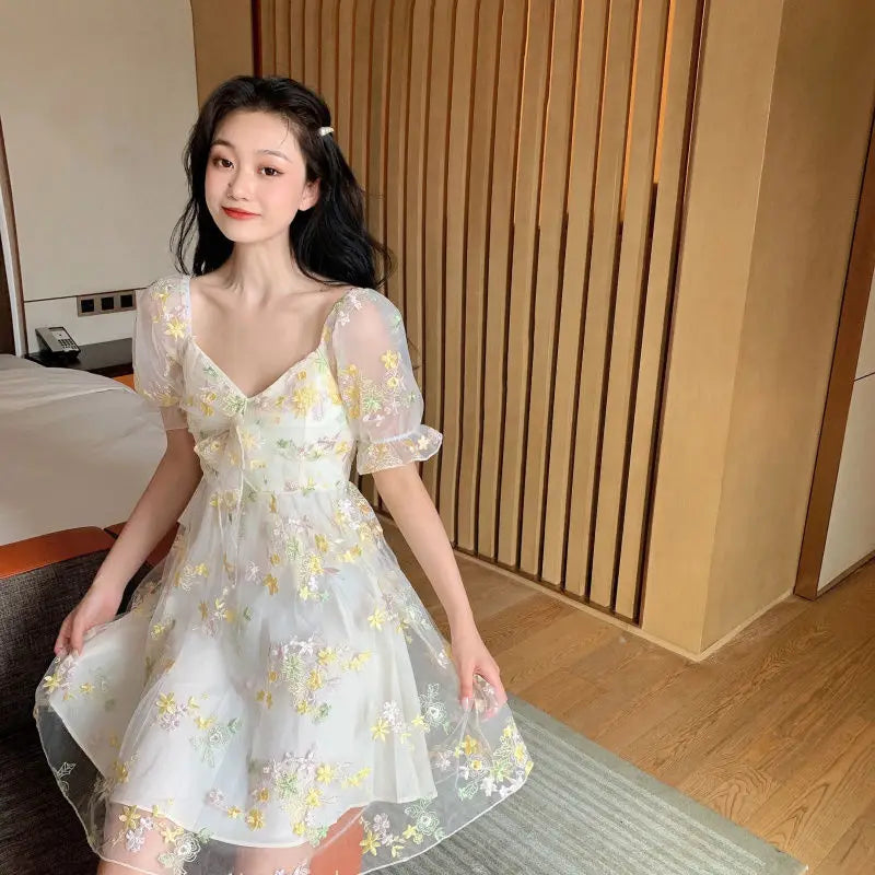 French Floral Dress Women Sexy Puff Sleeve Lace Chiffon Print Mini Dress Women Summer Korean Style Vintage Fairy Dress New 2022