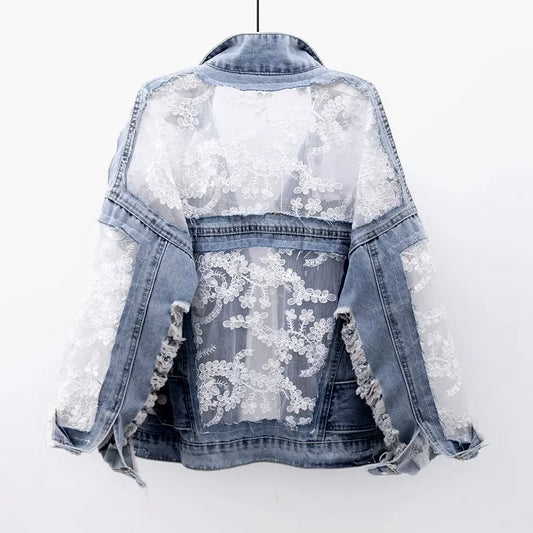 Chaquetas Mujer Summer Spring Streetwear Embroidery Lace Patchwork Sexy Denim Jacket Women Frayed Tassel Loose Jeans Coat