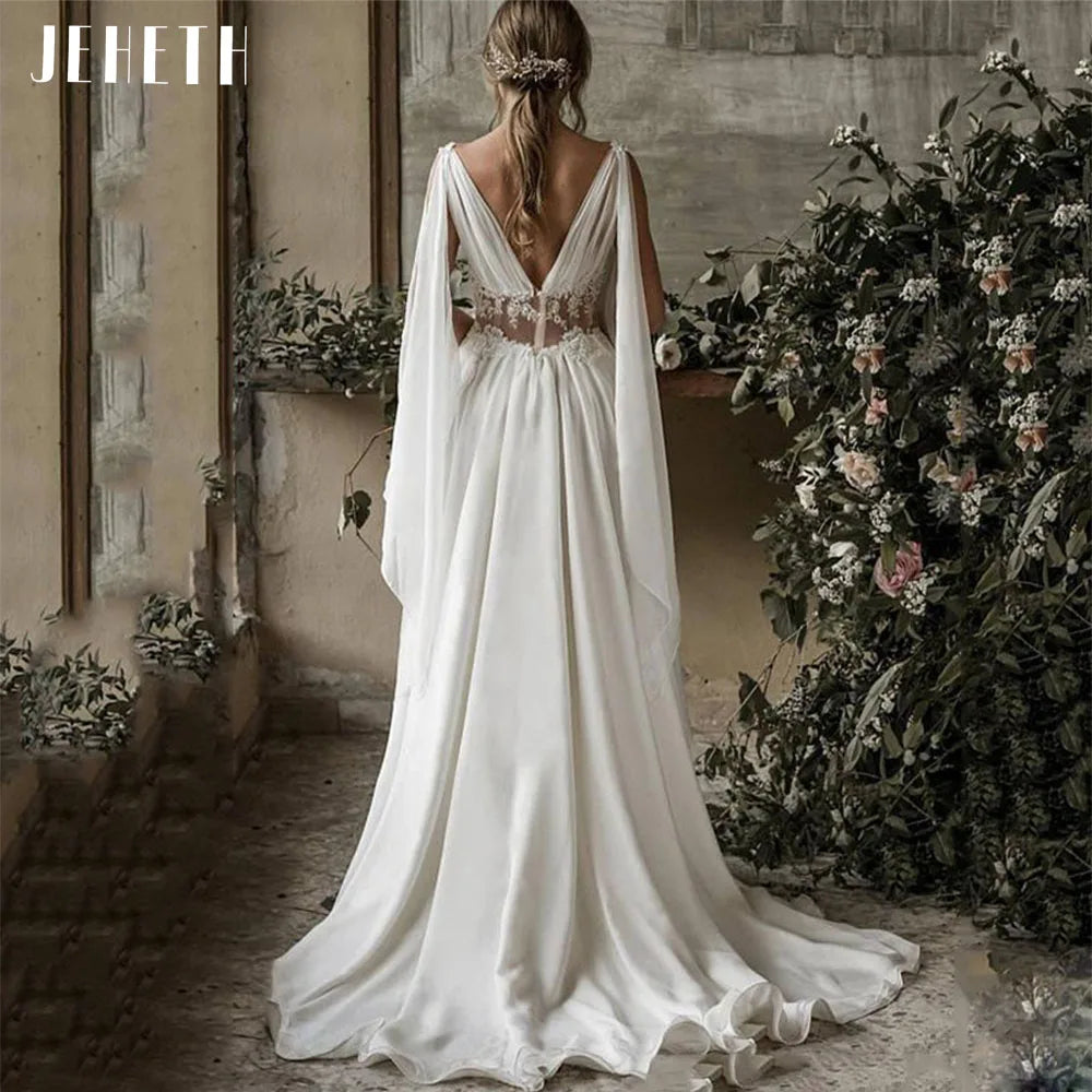 JEHETH Vintage Boho Beach Wedding Dresses Backless Women A-line Bohemian Chiffon Appliques Bridal Gowns Bride Vestidos De Novia