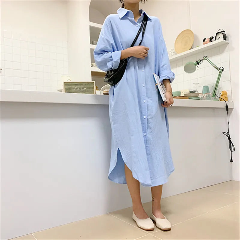 Cotton Women Blouse Shirt Dress Beach Vacation New Linen Cottons Casual Plus Size Womans Long Section Shirt White/Blue