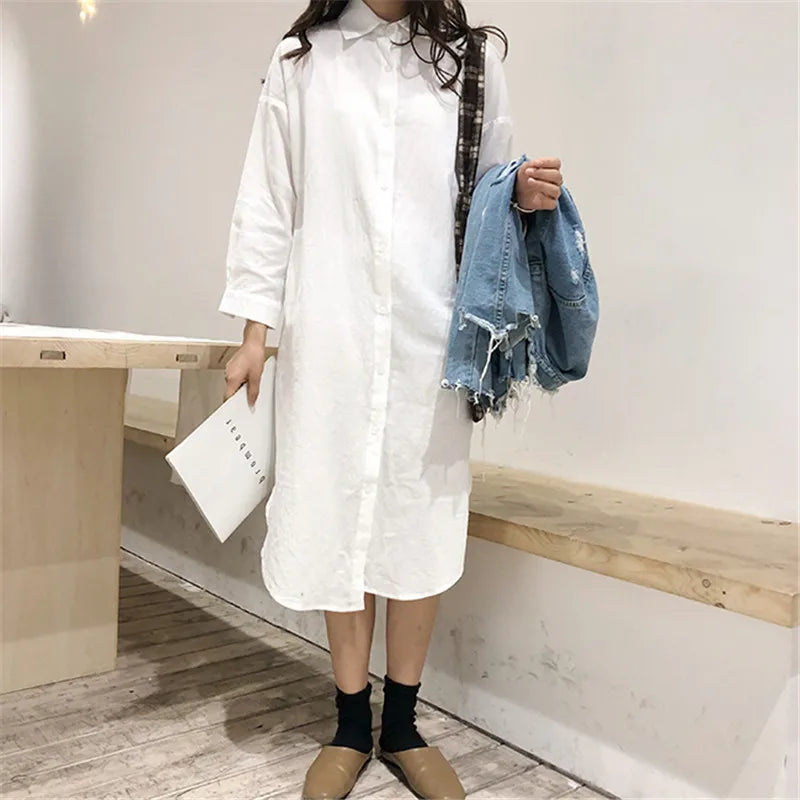 Cotton Women Blouse Shirt Dress Beach Vacation New Linen Cottons Casual Plus Size Womans Long Section Shirt White/Blue