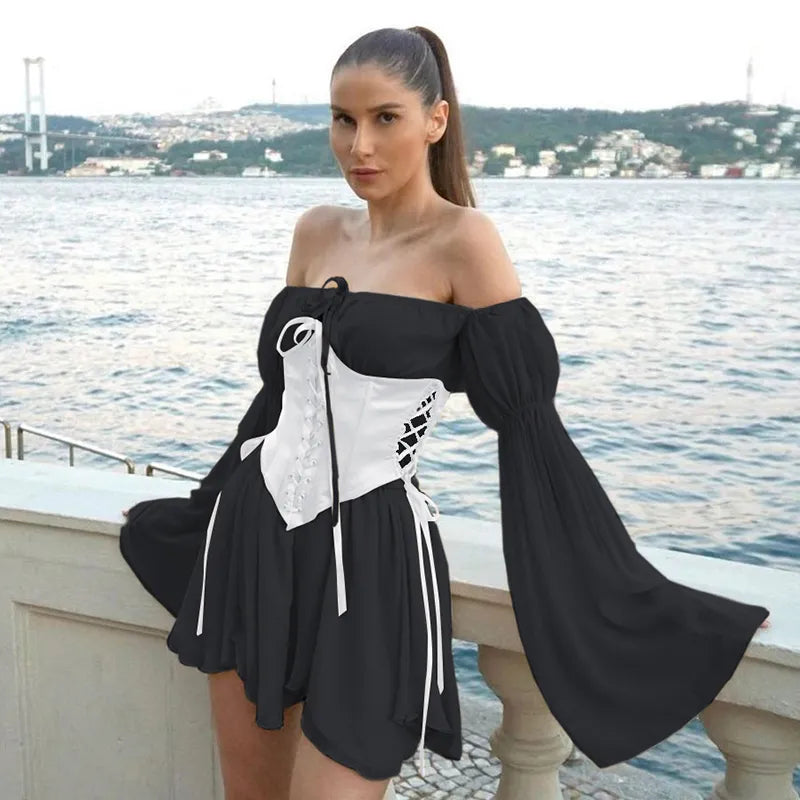 IAMHOTTY Chiffon Slash Neck Mini Dress Women Summer Beach Vacation Long Sleeve Corset Bandage Sundress Party Casual Dresses Pink