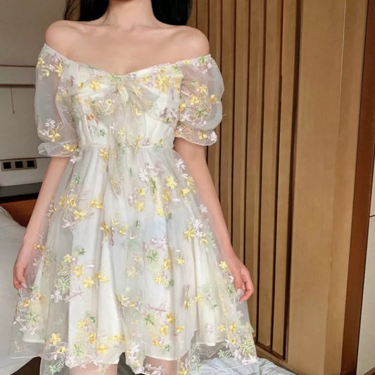 French Floral Dress Women Sexy Puff Sleeve Lace Chiffon Print Mini Dress Women Summer Korean Style Vintage Fairy Dress New 2022