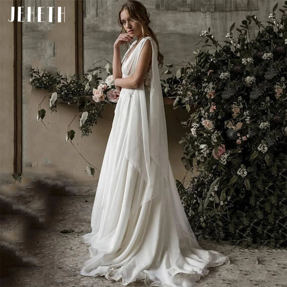 JEHETH Vintage Boho Beach Wedding Dresses Backless Women A-line Bohemian Chiffon Appliques Bridal Gowns Bride Vestidos De Novia