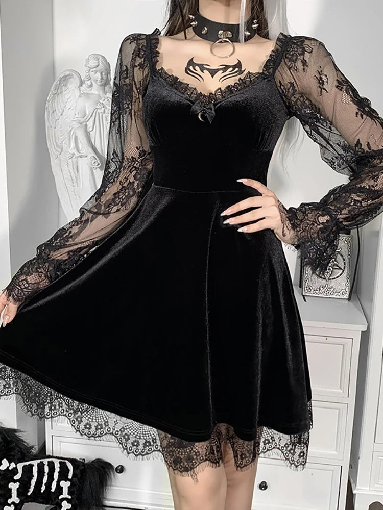 Goth Dark Velour Gothic Aesthetic Vintage Dresses Women's Lace Patchwork Grunge Black Dress Long Sleeve A-line Autumn Partywear