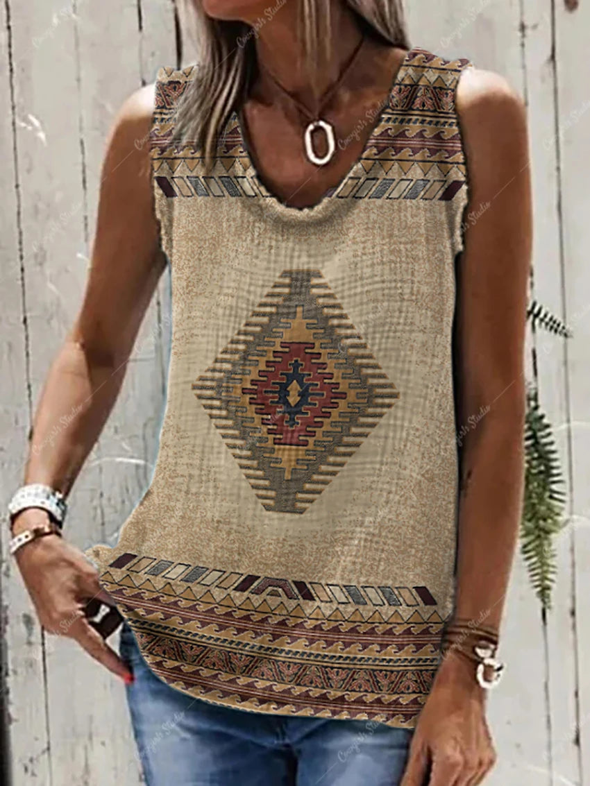 Sleeveless T-shirt Summer Fashion Casual for Women Clothes Retro Ethnic Print O-Neck daily Tank Top Streetwear Style Tank Top