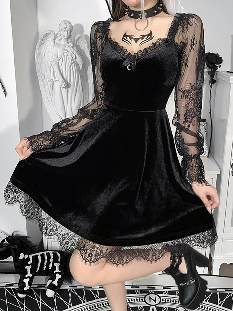 Goth Dark Velour Gothic Aesthetic Vintage Dresses Women's Lace Patchwork Grunge Black Dress Long Sleeve A-line Autumn Partywear