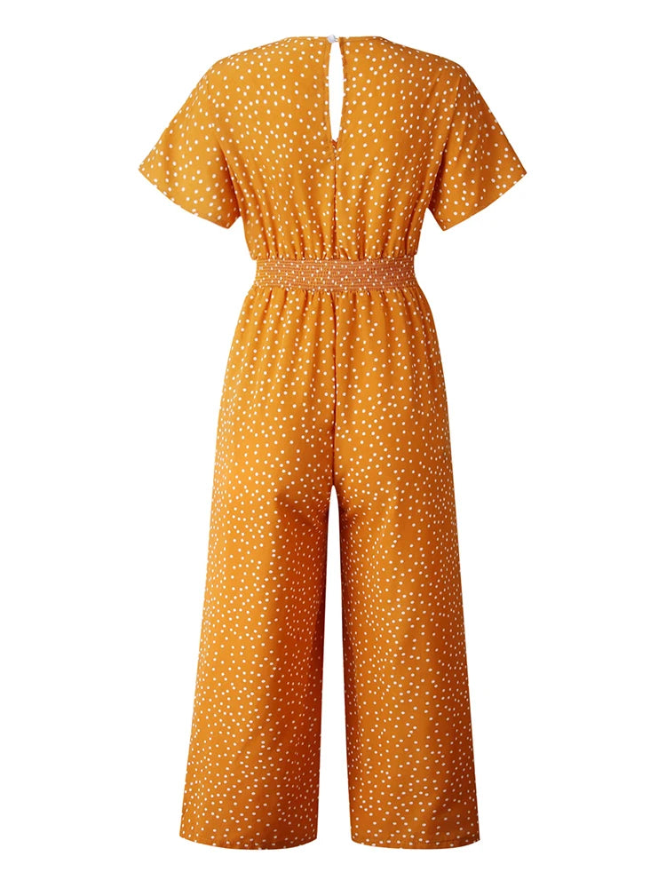 Lossky Women Jumpsuits Rompers Summer Casual Print V-neck Pocket Overalls Jumpsuit Short Sleeve Wide Leg Loose Jumpsuit