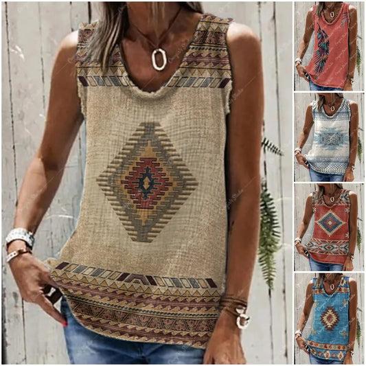 Sleeveless T-shirt Summer Fashion Casual for Women Clothes Retro Ethnic Print O-Neck daily Tank Top Streetwear Style Tank Top