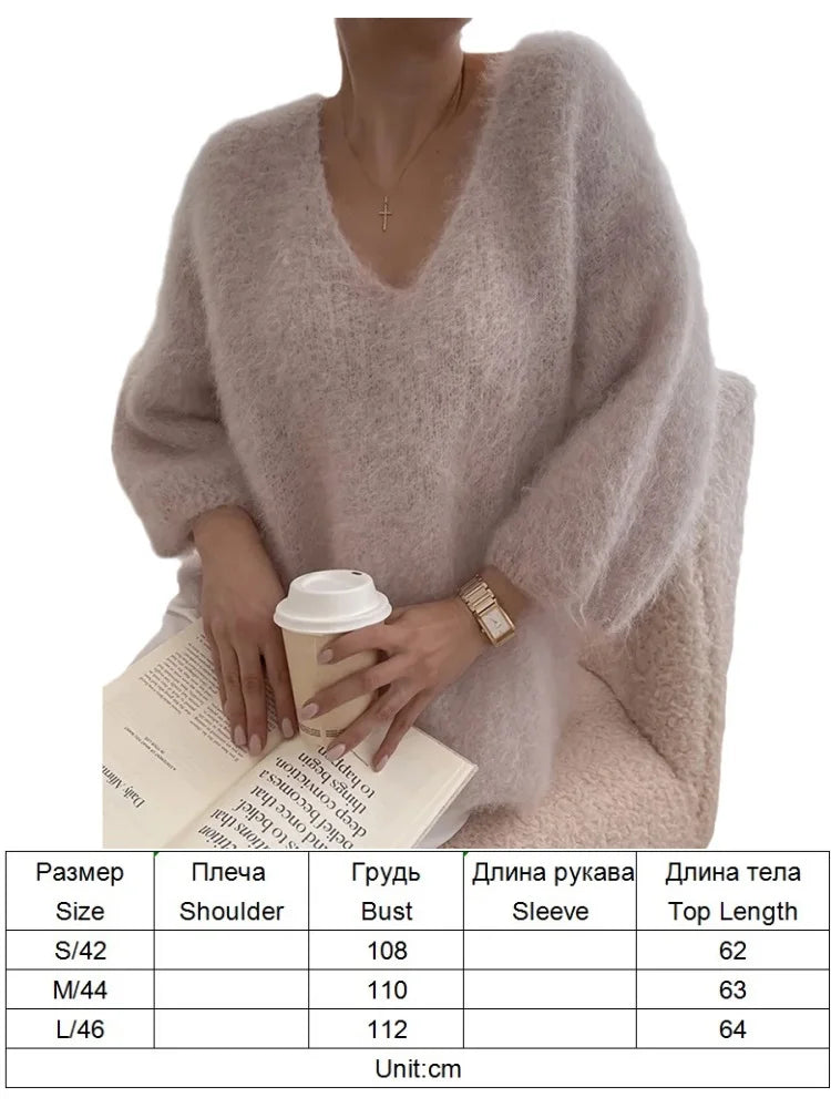 TAOVK Women Sweaters Mohair O-neck Crop Top Pullovers Solid Loose Latern Sleeved Casual Warm Three-quarter Coat Knitwear Clothes