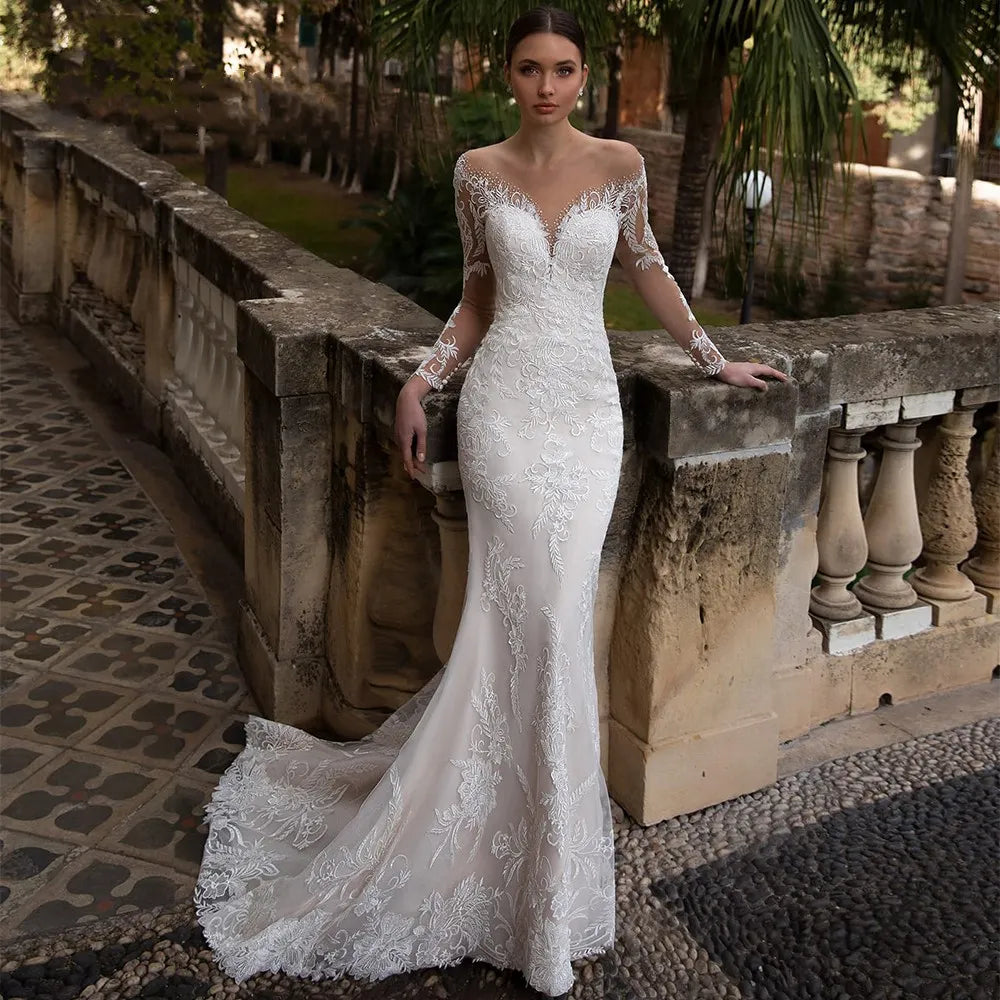 Luxury Crystal Wedding Dress Mermaid For Women Beading Sweetheart Lace Applique Sheer Illusion Long Bridal Gown Court Train 2023