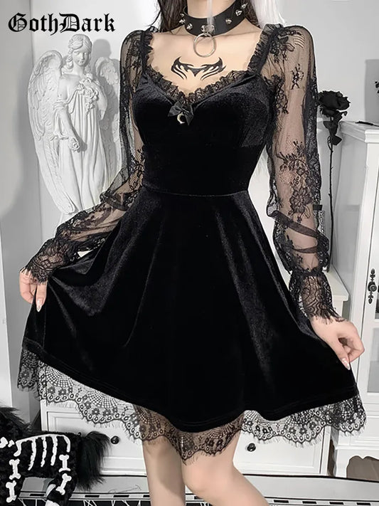 Goth Dark Velour Gothic Aesthetic Vintage Dresses Women's Lace Patchwork Grunge Black Dress Long Sleeve A-line Autumn Partywear