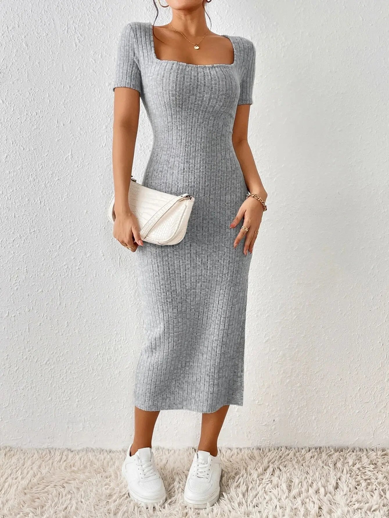 Rib Knit Maternity Casual Dress Square Neck Pregnant Clothes For Women's Fashion Split Side Pregnancy Wear Clothing Slim Dresses