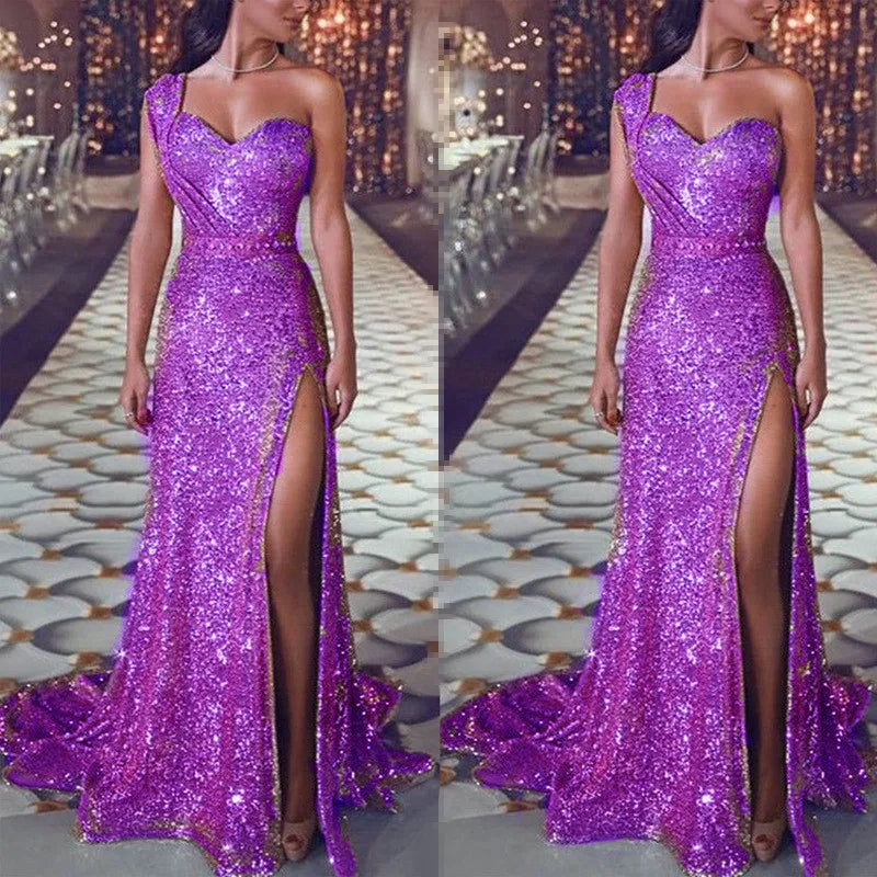 Wedding Party Dress Female Evening Elegant Sexy Deep V Neck One Shoulder Sleeveless Sequined Long Maxi Dresses For Women 2023