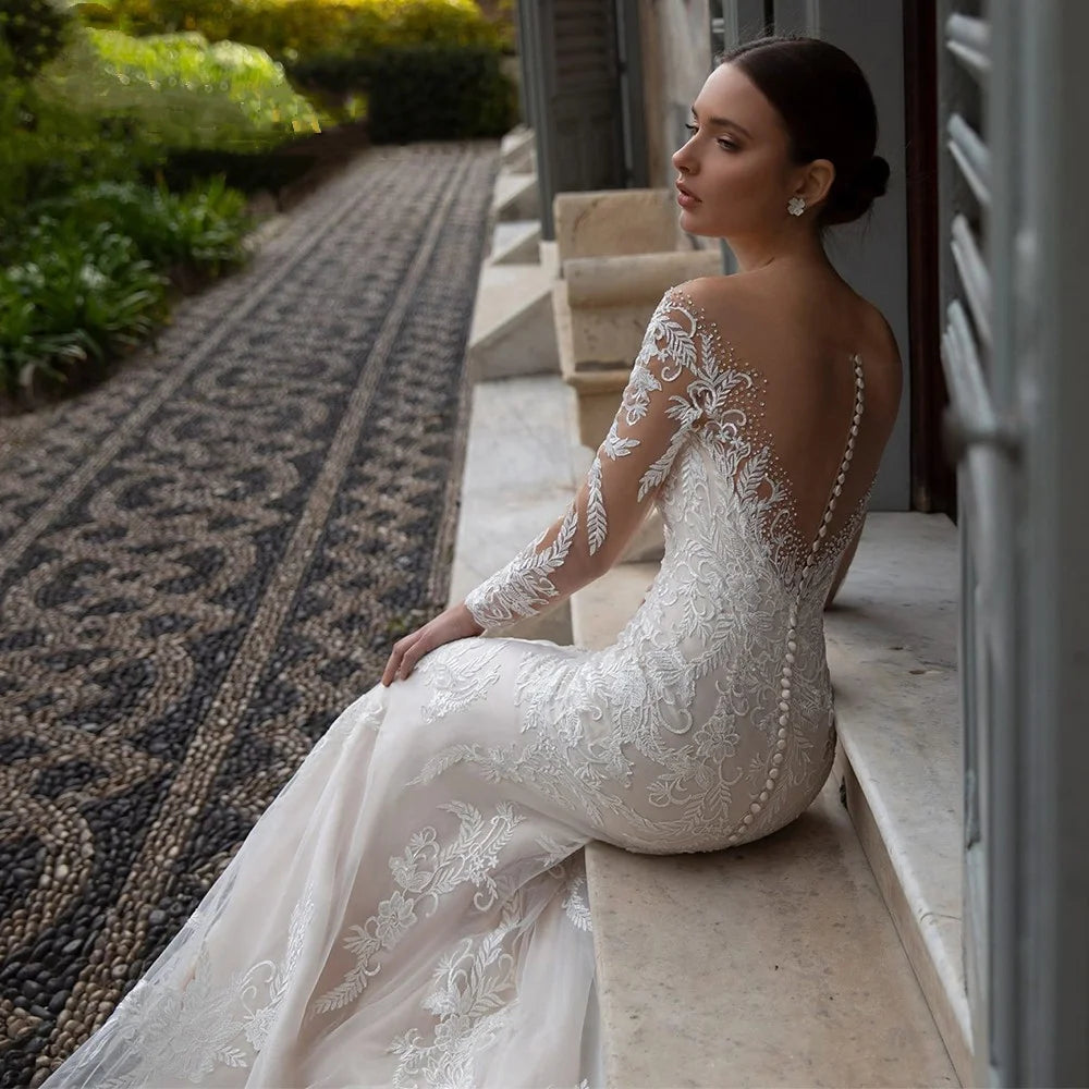 Luxury Crystal Wedding Dress Mermaid For Women Beading Sweetheart Lace Applique Sheer Illusion Long Bridal Gown Court Train 2023