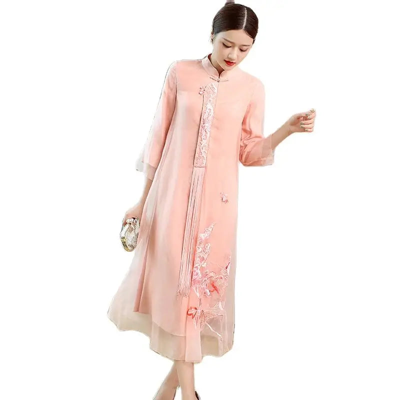 Qipao Hanfu Modified Dress in the Early Autumn of 2023 New Type Liuzhou Heavy Embroidery Collar Seven-Sleeve Chinese Style Women