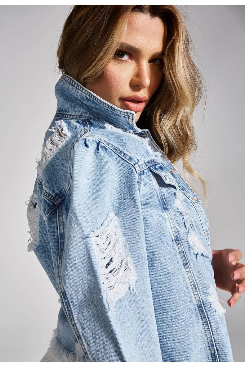 2022 Fall New Woman Long Sleeve Ripped Short Denim Jacket Fashion Hipster Jeans Coat Street Casual Female Clothing S-XL