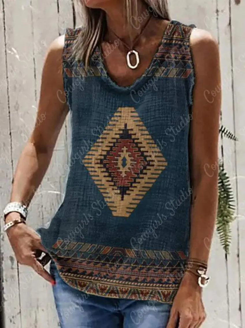 Sleeveless T-shirt Summer Fashion Casual for Women Clothes Retro Ethnic Print O-Neck daily Tank Top Streetwear Style Tank Top