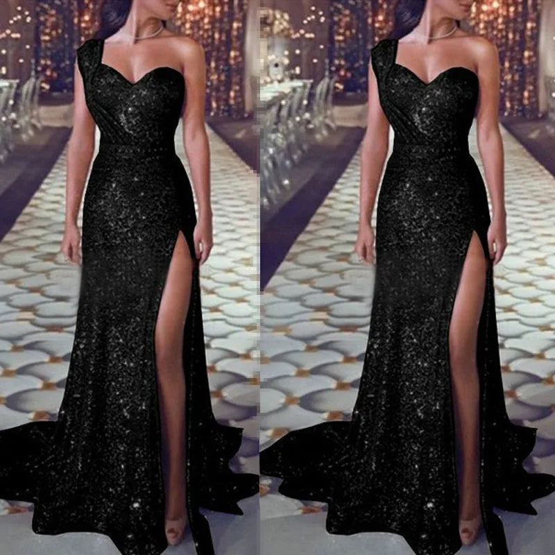 Wedding Party Dress Female Evening Elegant Sexy Deep V Neck One Shoulder Sleeveless Sequined Long Maxi Dresses For Women 2023