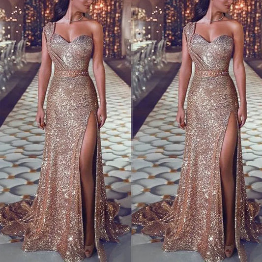 Wedding Party Dress Female Evening Elegant Sexy Deep V Neck One Shoulder Sleeveless Sequined Long Maxi Dresses For Women 2023