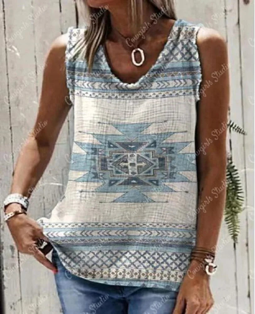 Sleeveless T-shirt Summer Fashion Casual for Women Clothes Retro Ethnic Print O-Neck daily Tank Top Streetwear Style Tank Top