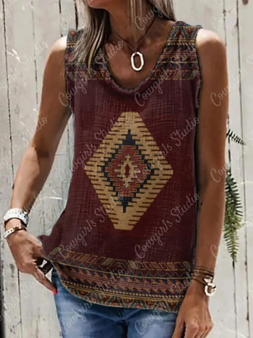 Sleeveless T-shirt Summer Fashion Casual for Women Clothes Retro Ethnic Print O-Neck daily Tank Top Streetwear Style Tank Top