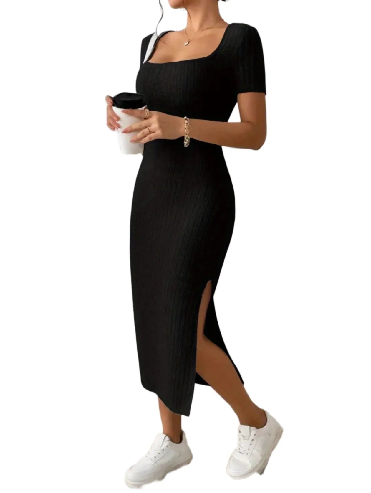 Rib Knit Maternity Casual Dress Square Neck Pregnant Clothes For Women's Fashion Split Side Pregnancy Wear Clothing Slim Dresses